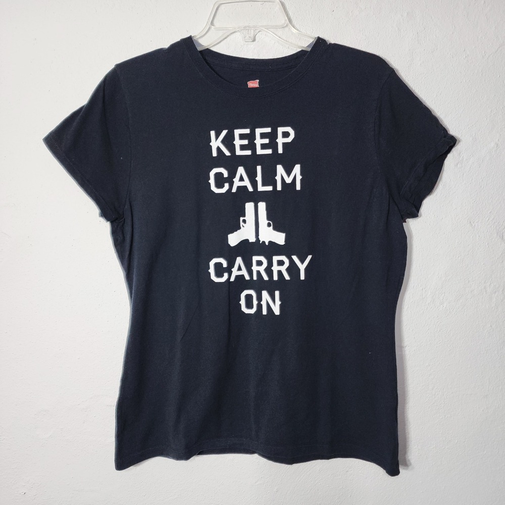 Hanes Graphic Tee Shirt Large Black Keep Calm Carry On Handgun 2nd Amendment